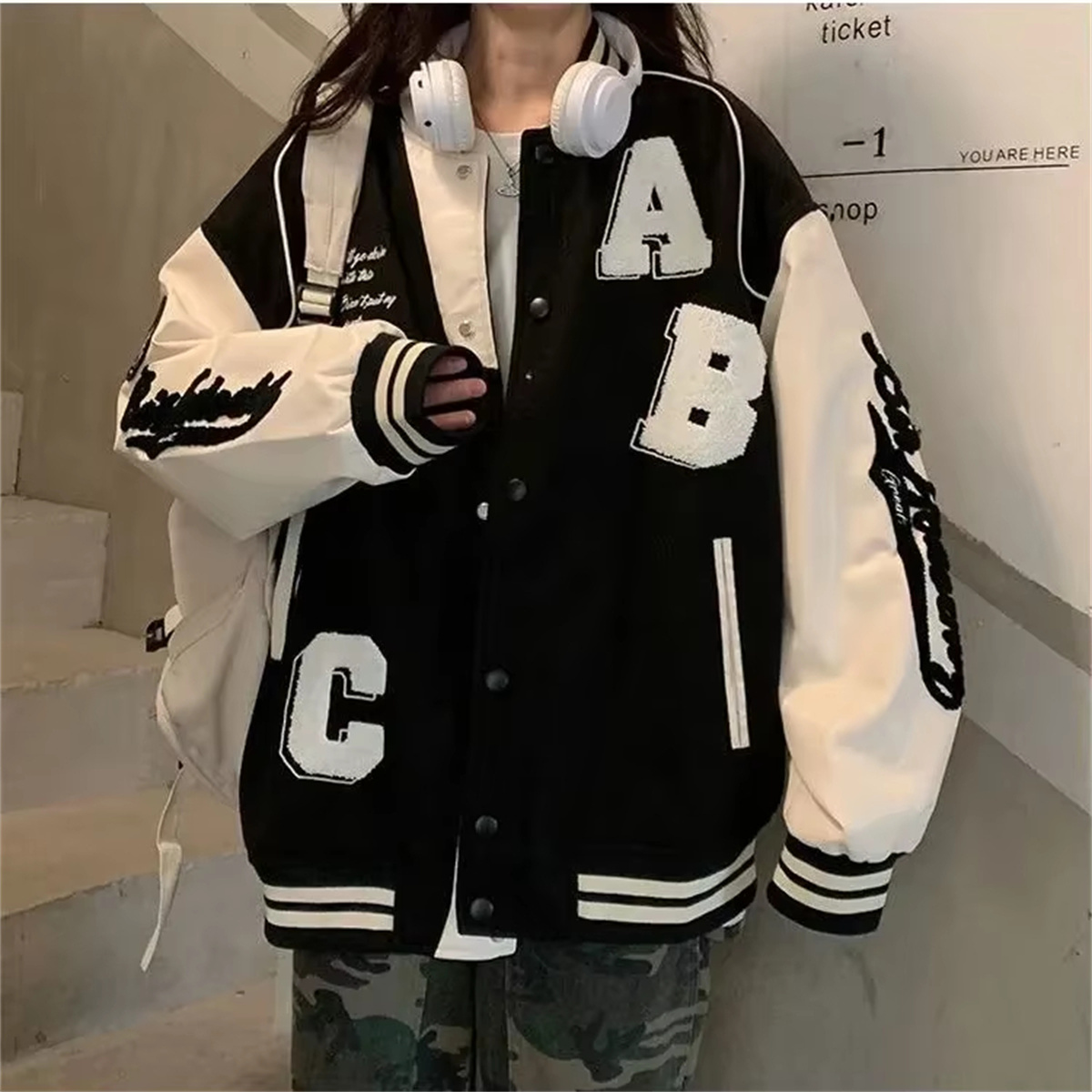 Y2k Lamb Wool Bomber Jacket Fe - Varsity Jacket Wool 评论和价格